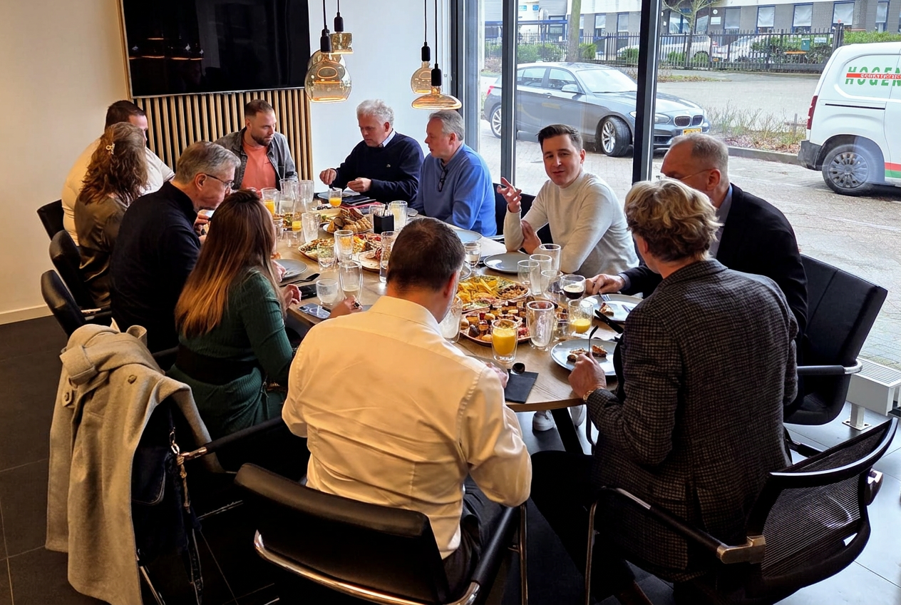 Deelnemers aan tafel tijdens een lunch bij upMention